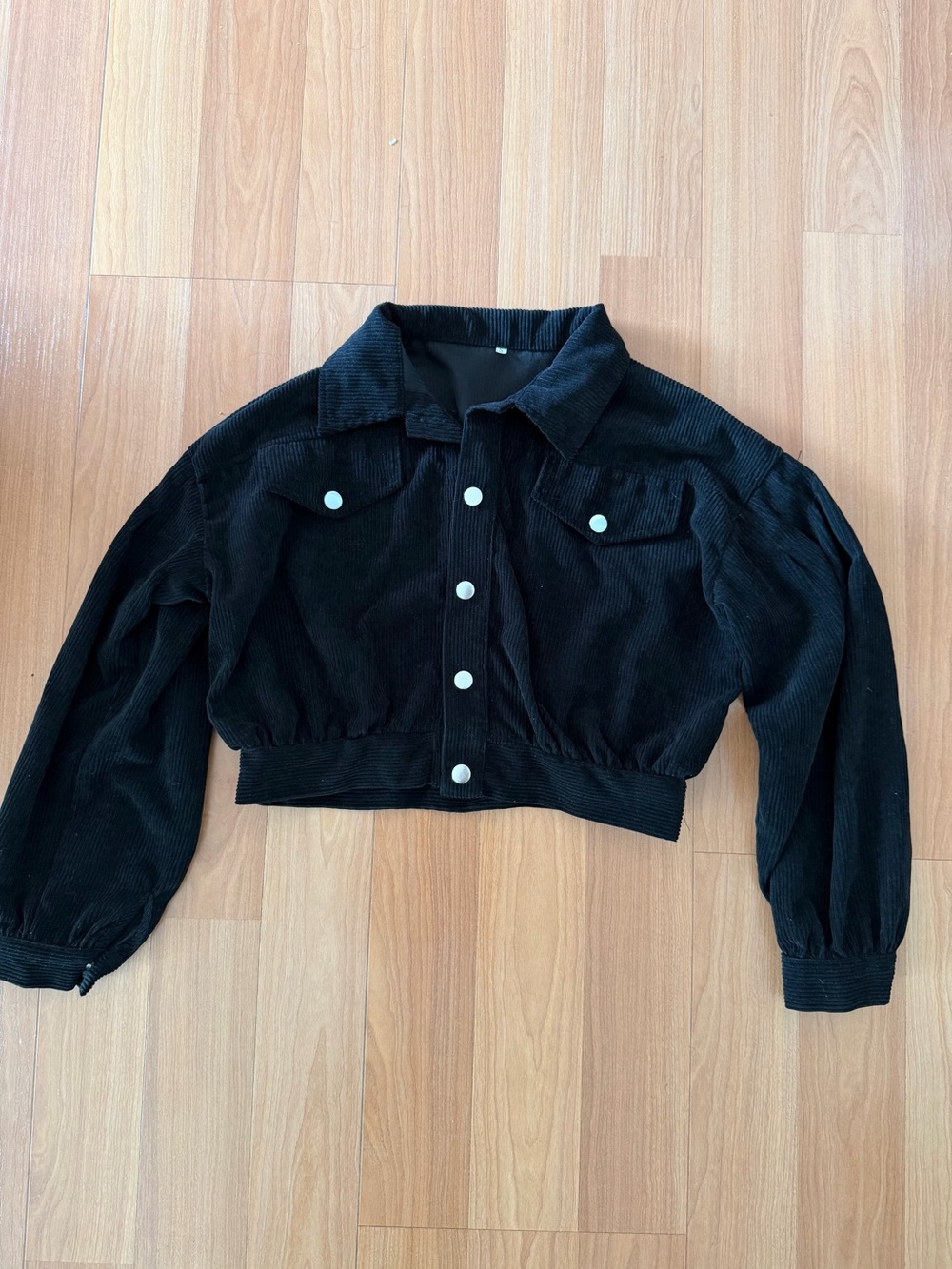 Black Cropped Corduroy Jacket Puff Sleeve Button Up
